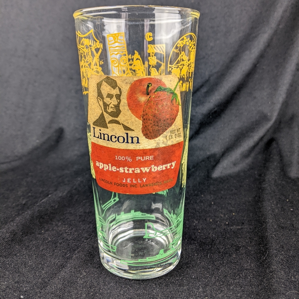 Vintage Lincoln jelly jar Around the world glass label still attached